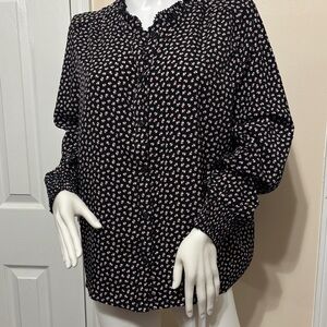 Time and Tru Black Blouse with Pink Floral Print and Smocked Cuffs